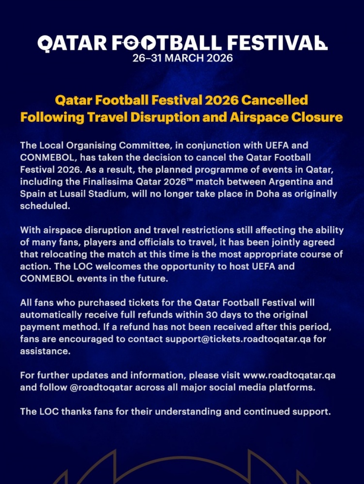 开云官网-官方:2026年卡塔尔足球节因旅行中断和领空关闭取消